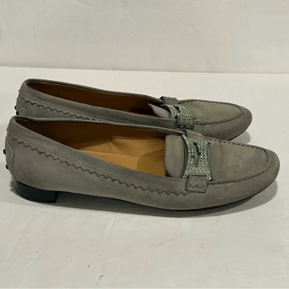TOD’S Suede Leather Driving Loafers Rhinestone Crystal Buckle, Gray, Sz 9.5 - Picture 7 of 14